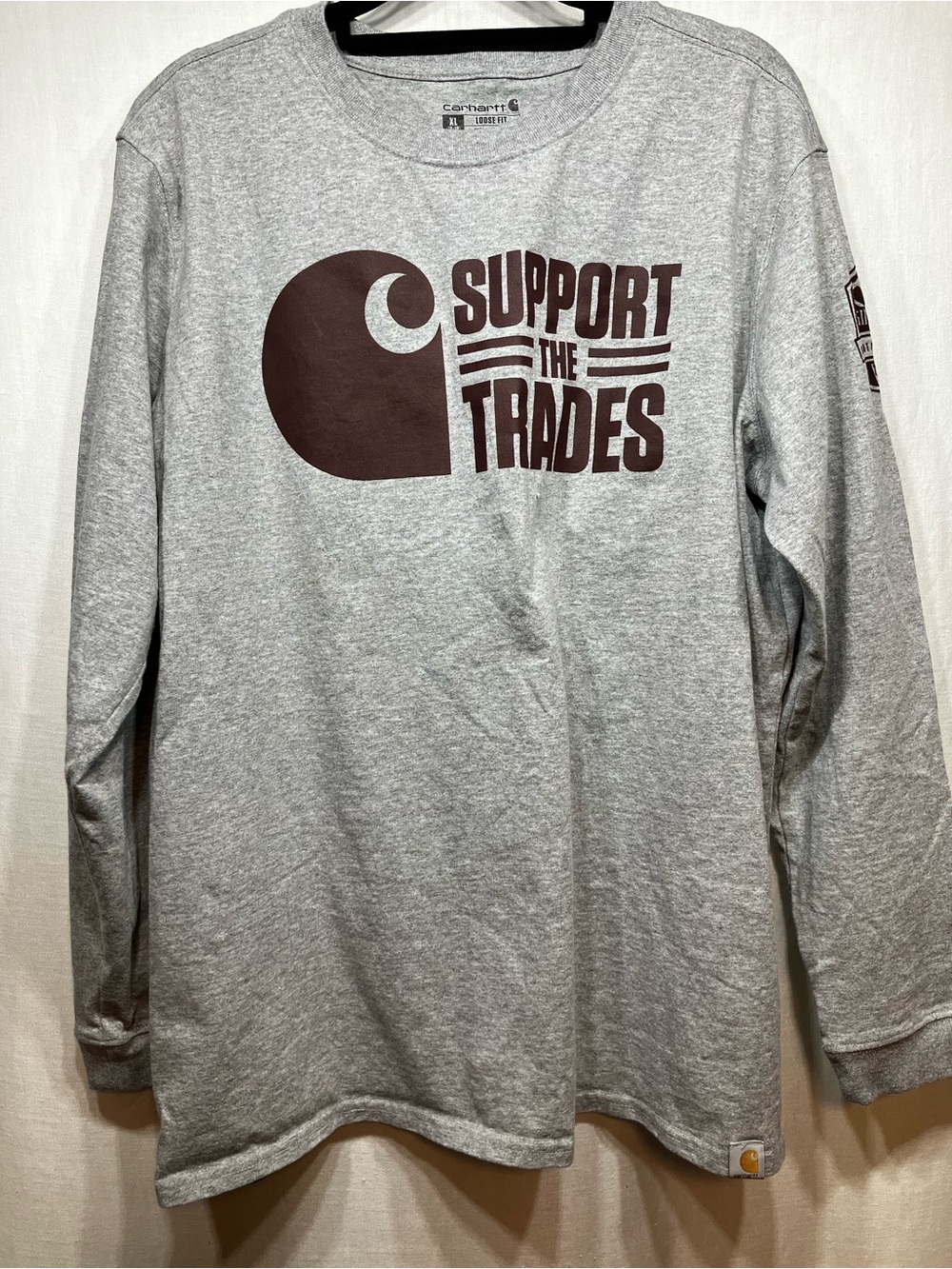 NWOT Carhartt Gray Long sleeve Tee with Brown 'Support The Trades' Graphic XL